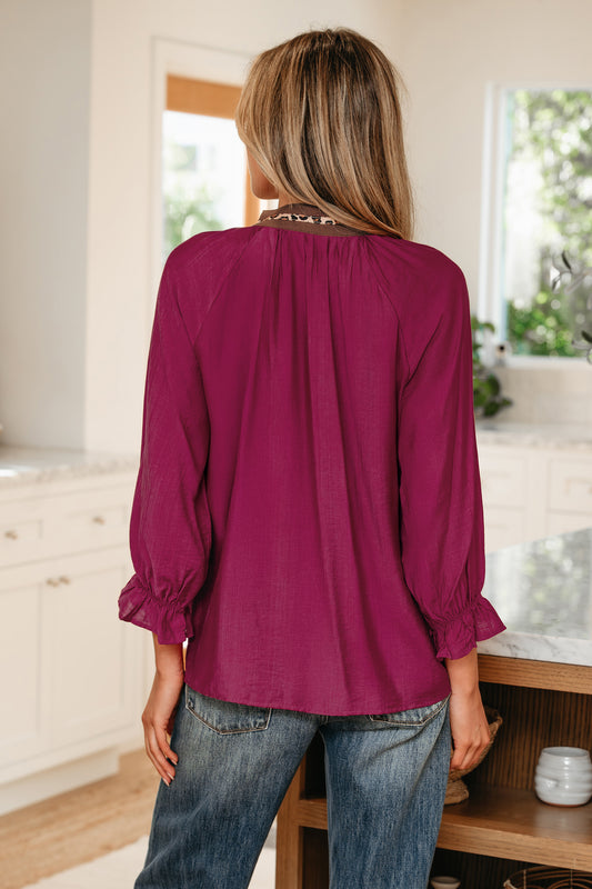 Leopard Trim V-Neck Flounced Bracelet Sleeve Blouse