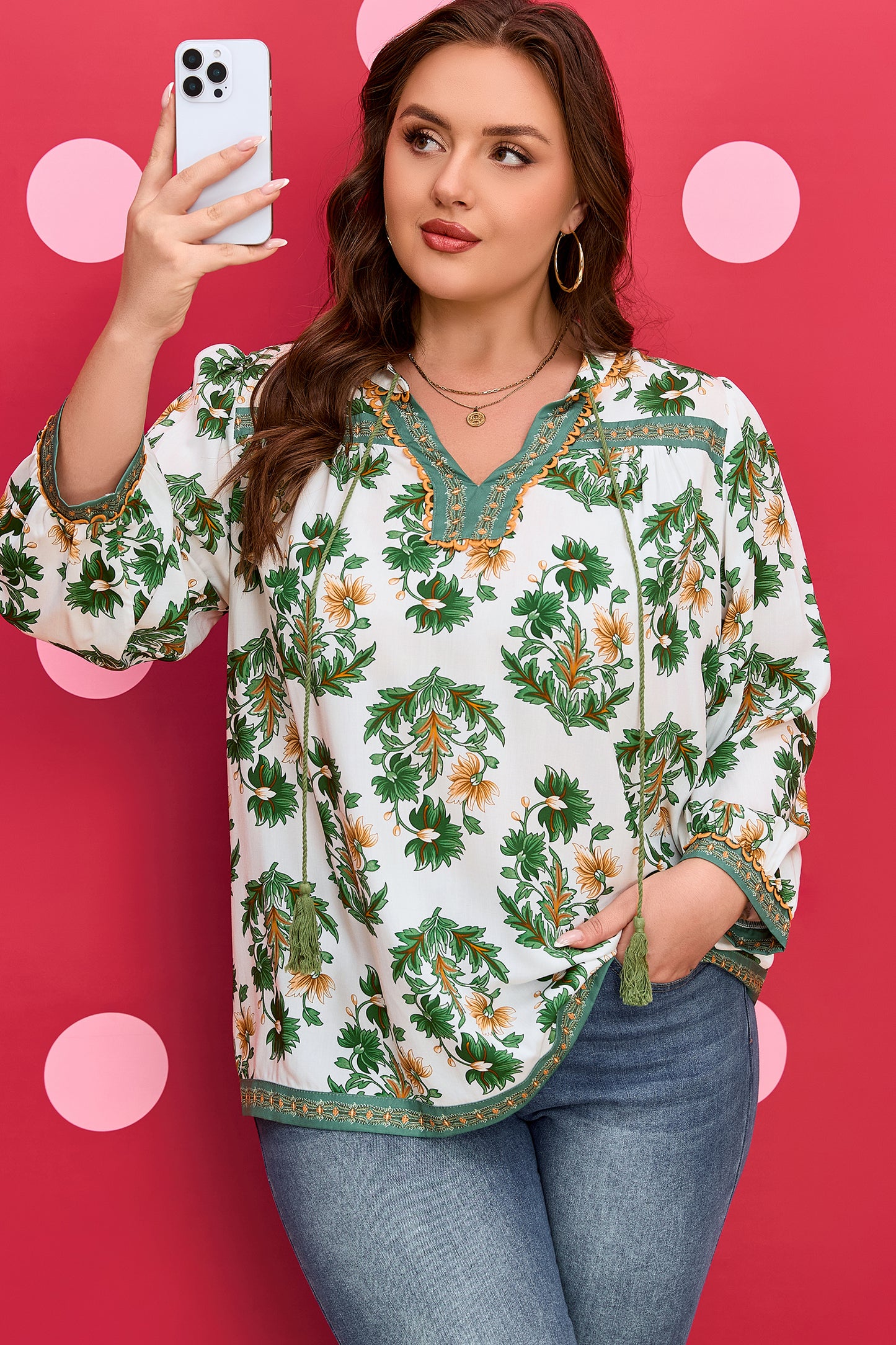 Green Plus-Size Floral Printed Contrast Patchwork Detail Tassel Tie 3/4 Sleeve Blouse