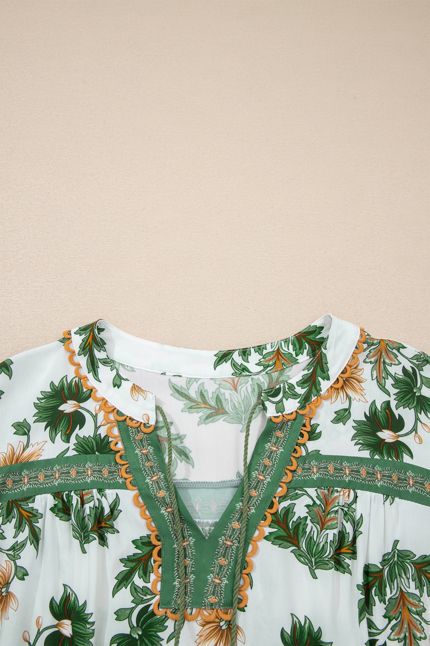 Green Plus-Size Floral Printed Contrast Patchwork Detail Tassel Tie 3/4 Sleeve Blouse