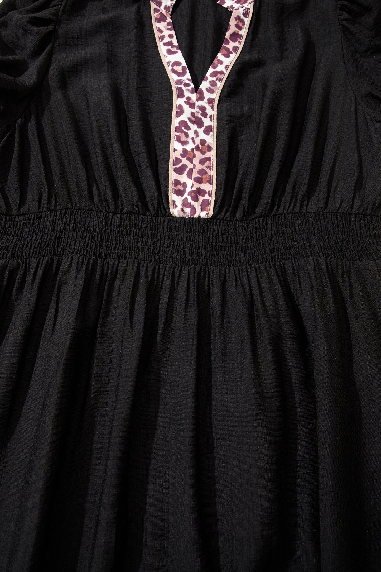 Black Leopard V-Neck Patchwork Smocked Waist Plus-Size Ruffled Dress