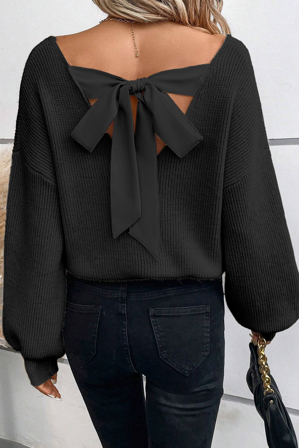 Lantern Sleeve V-Neck Knot Back Knitted Top