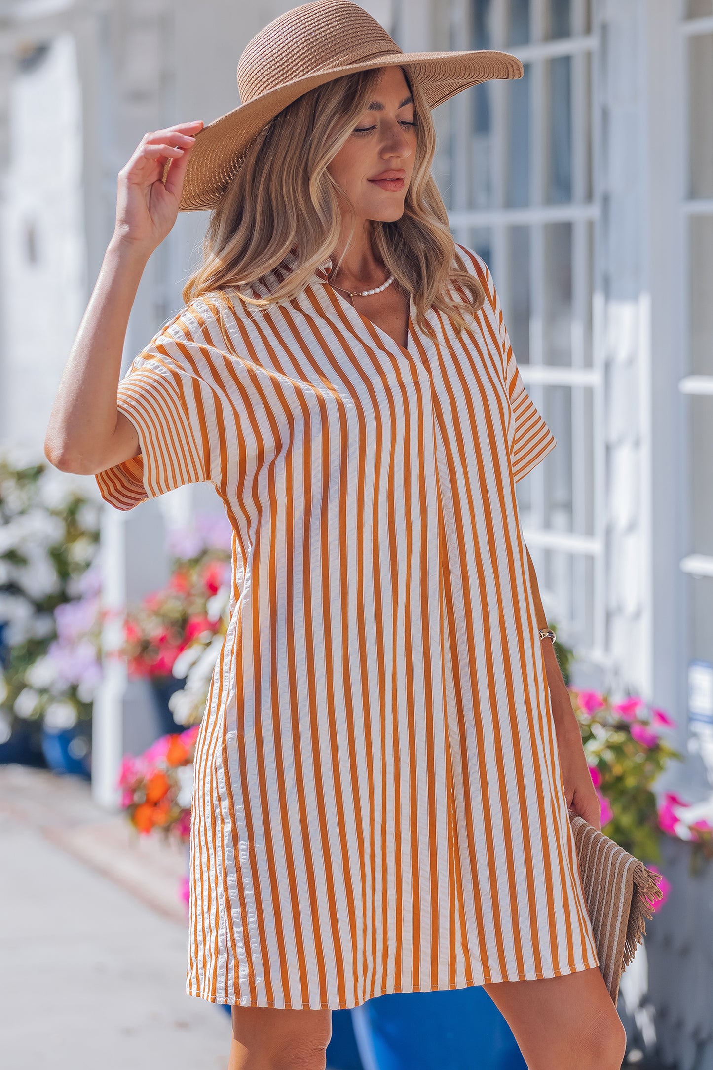 Striped Pinched V-Neck Shift Mini Dress