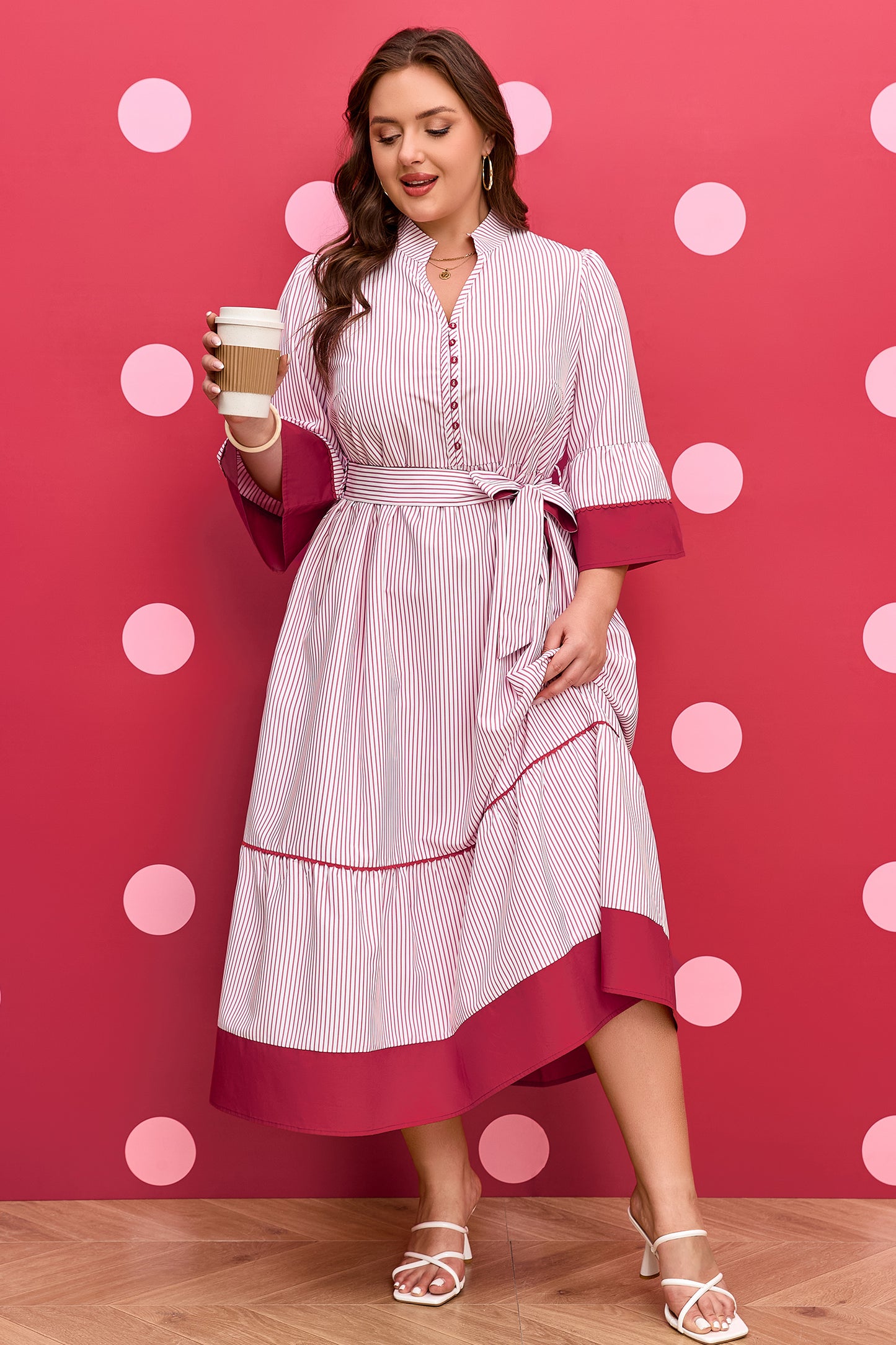 Red Stripe Plus-Size Ruffled Hem Pinstriped Midi Dress