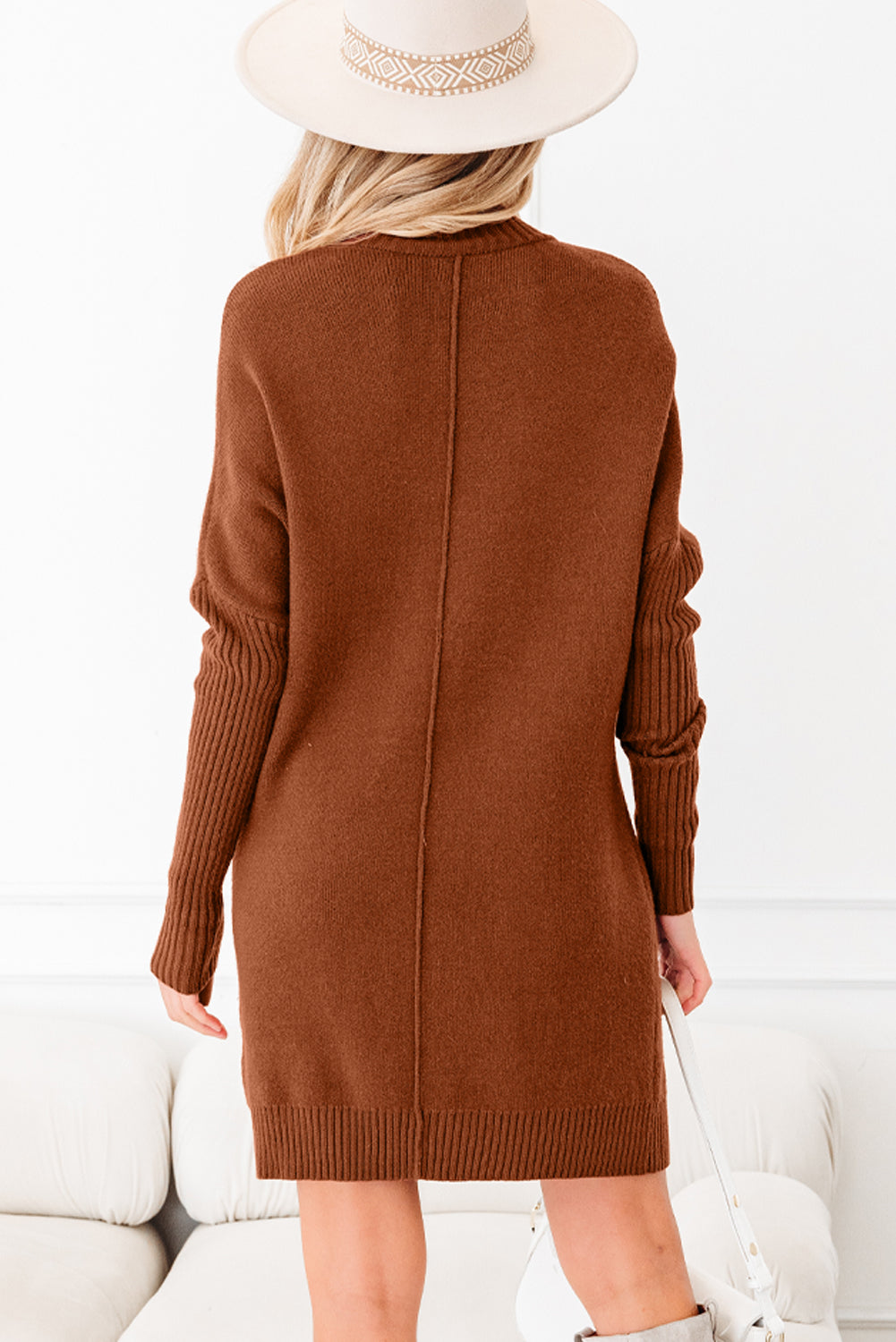 Ribbed High-Neck Front Pockets Center Seam Shift Sweater Dress
