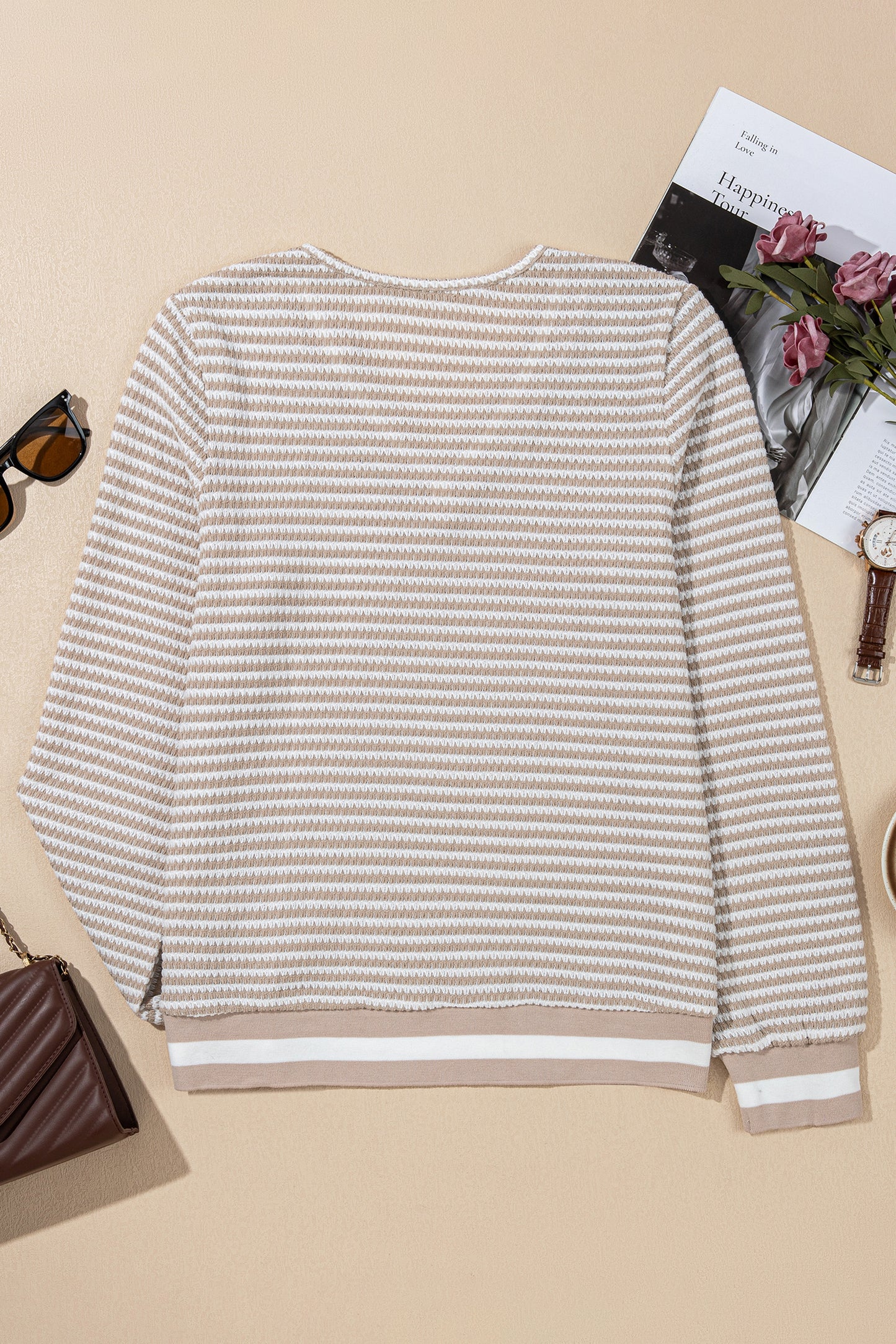 Beige Striped Textured-Knit V-Neck Casual Top