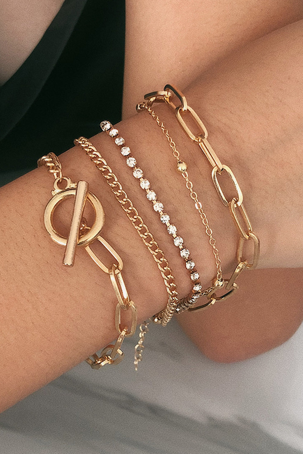 Gold Multi-Layered Rhinestone Plated Chain Bracelet Set