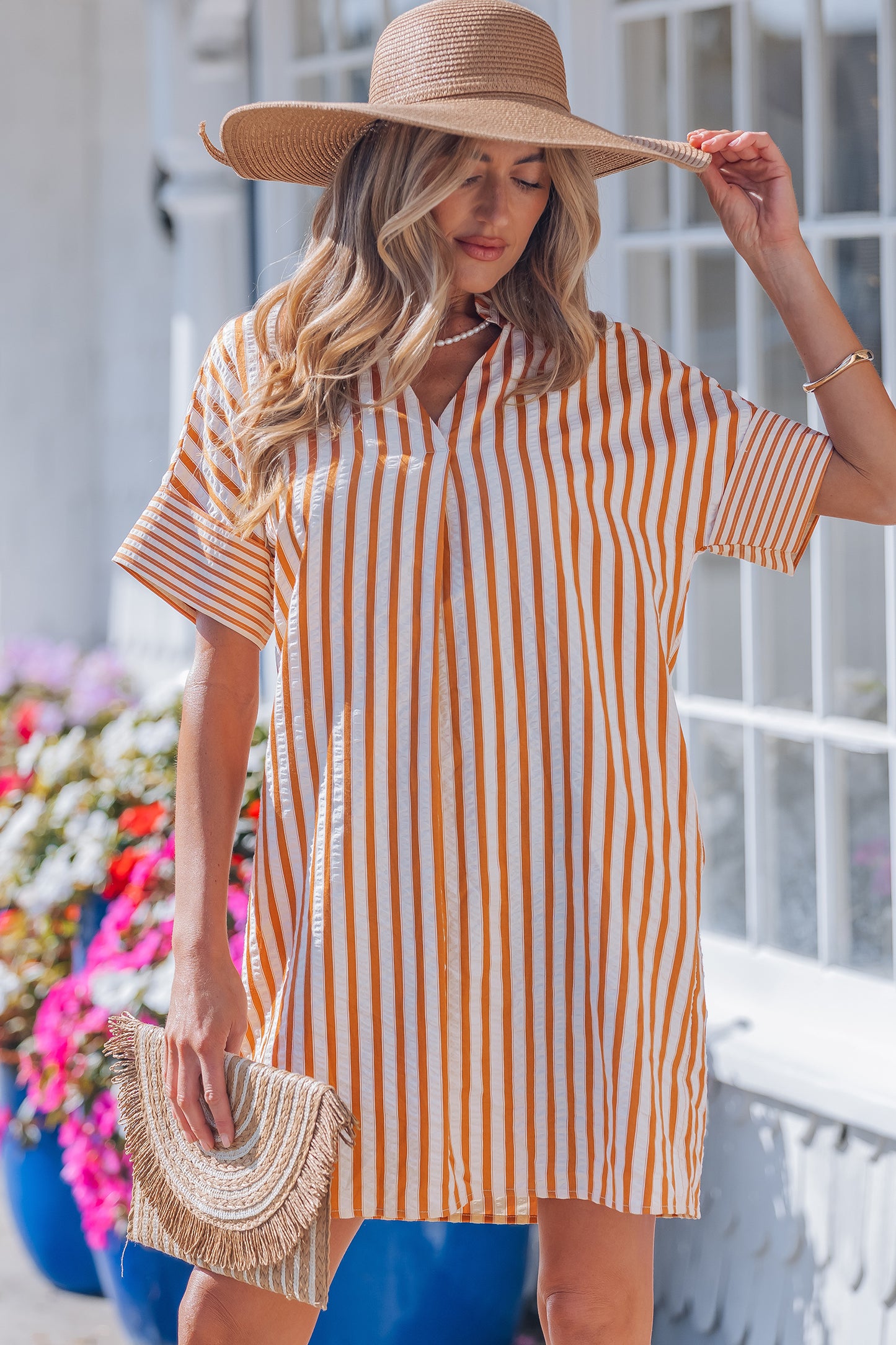 Striped Pinched V-Neck Shift Mini Dress