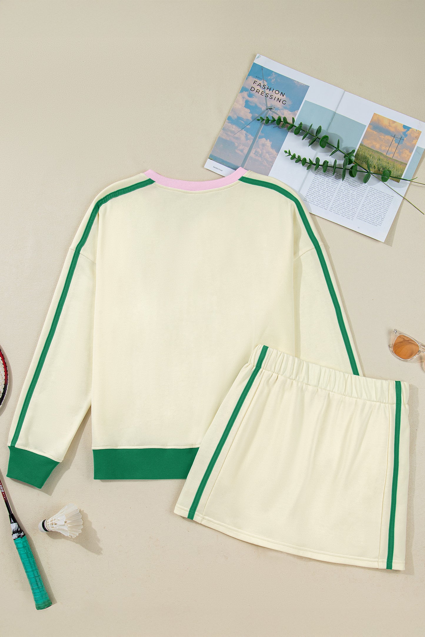 Ribbed Colorblock Trim V-Neck Sporty Pullover Mini Skirt 2pcs Athleisure Set