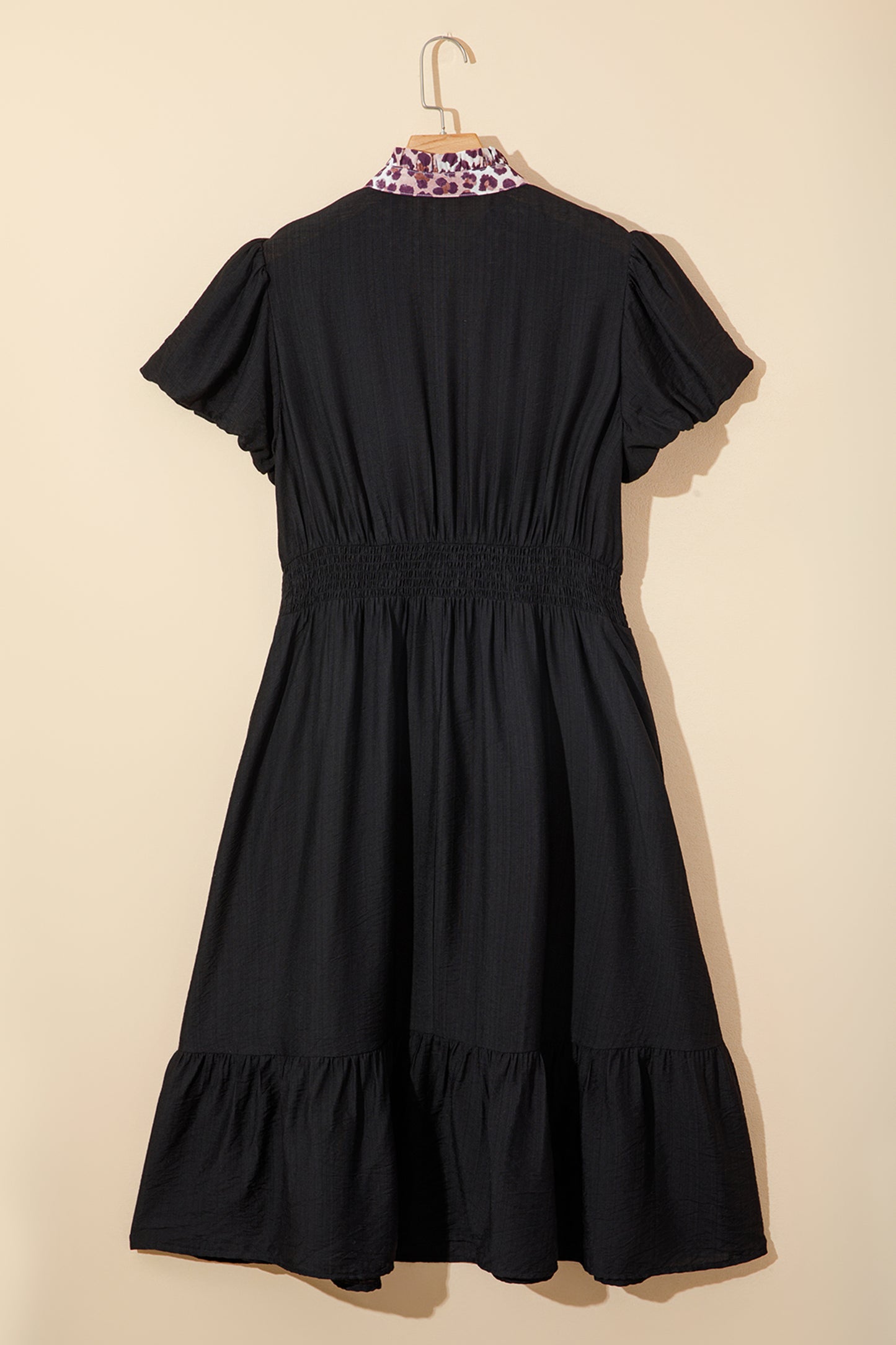 Black Leopard V-Neck Patchwork Smocked Waist Plus-Size Ruffled Dress