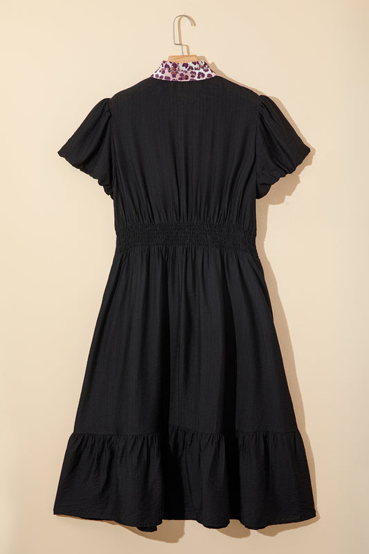 Black Leopard V-Neck Patchwork Smocked Waist Plus-Size Ruffled Dress