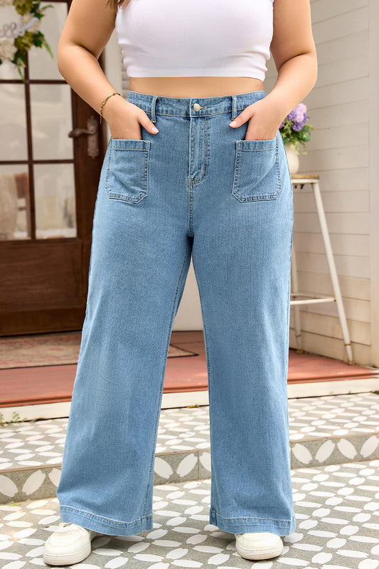 Patched Pocket Textured Wide-Leg Plus Size Jeans