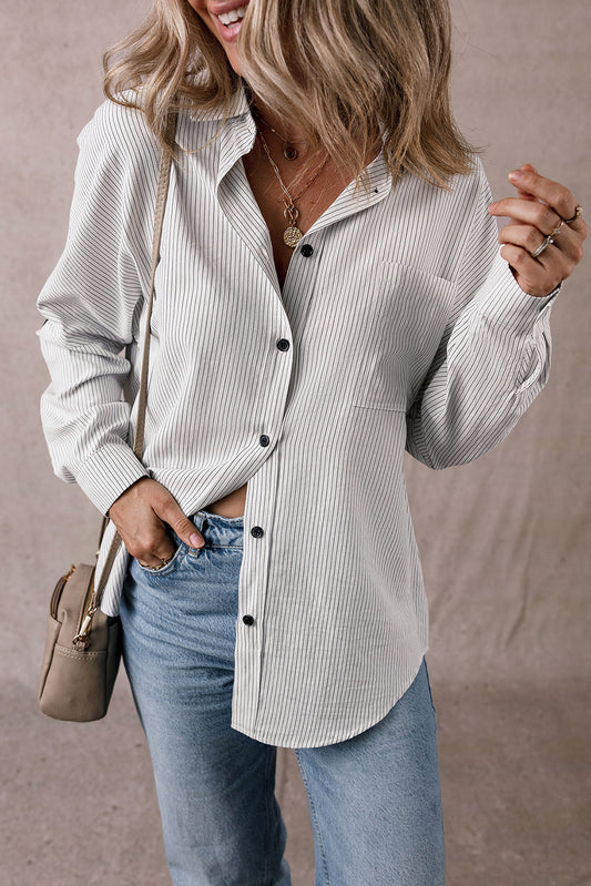Striped Roll-tab Sleeve Pocketed Long Shirt