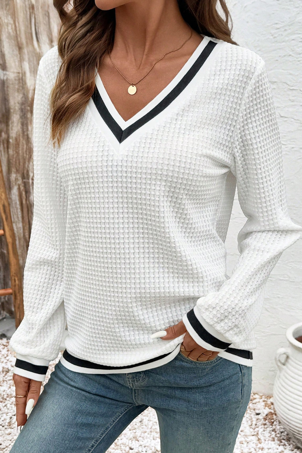 Textured Knit V-Neck Waffle Top