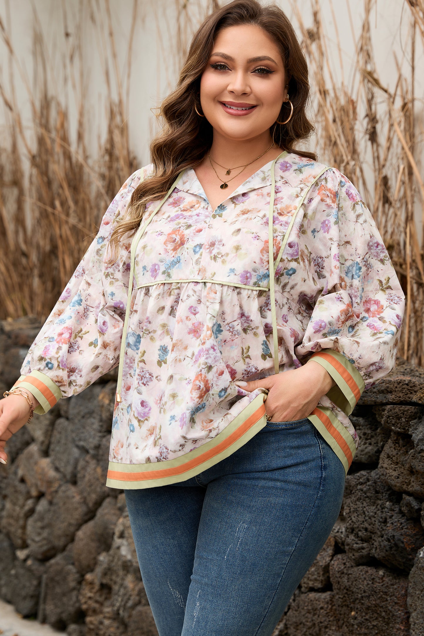 Floral Print Contrast Trim Striped Detail Babydoll Plus-Size Blouse