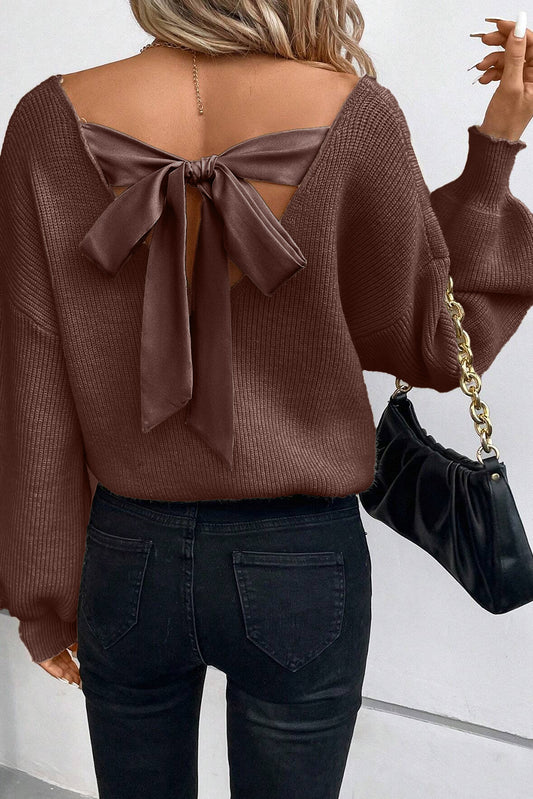 Lantern Sleeve V-Neck Knot Back Knitted Top
