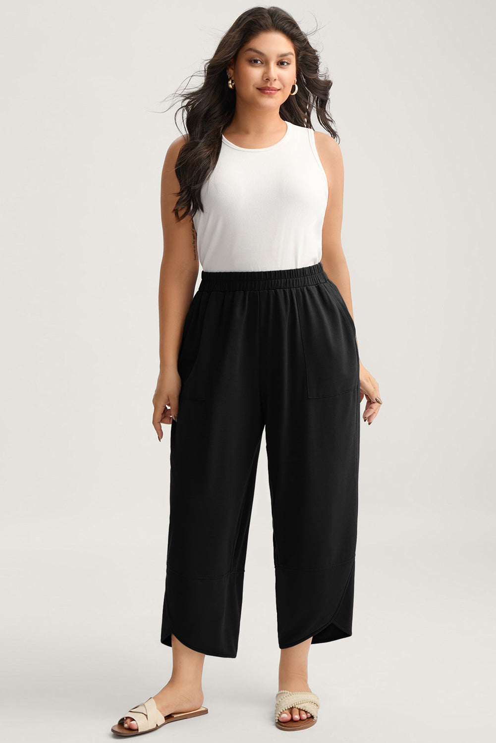 Elastic Waist Asymmetrical Hem Loose Capris Plus-Size Pants