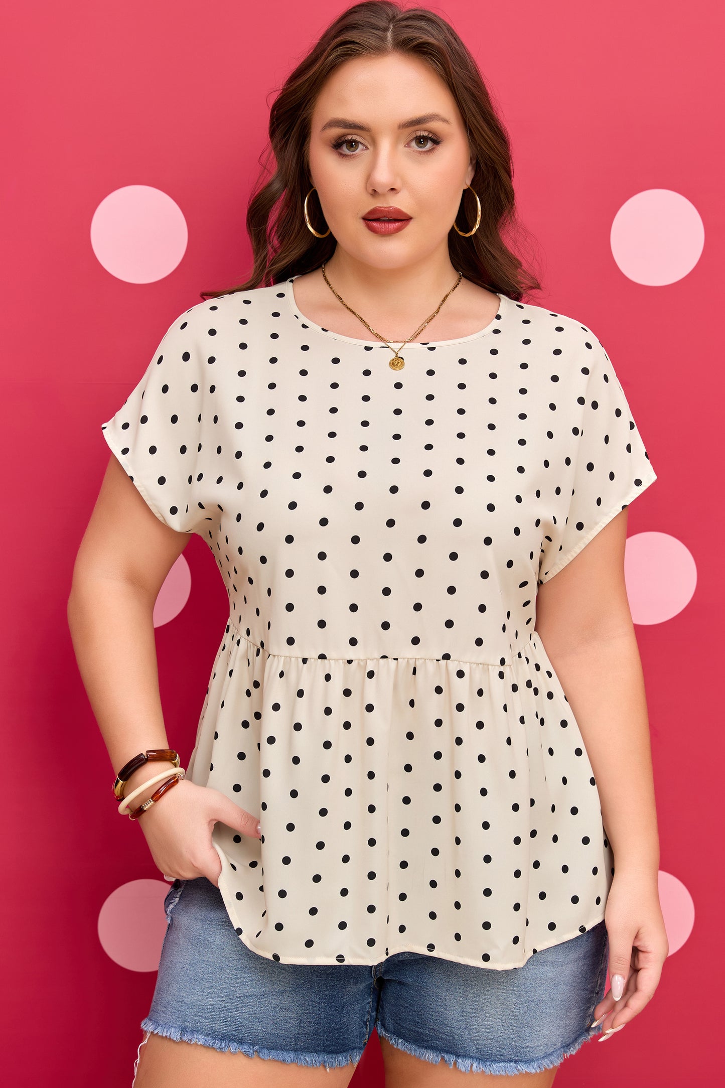 Apricot Plus Size Polka Dot Print Button Detail Short Sleeve Babydoll Blouse