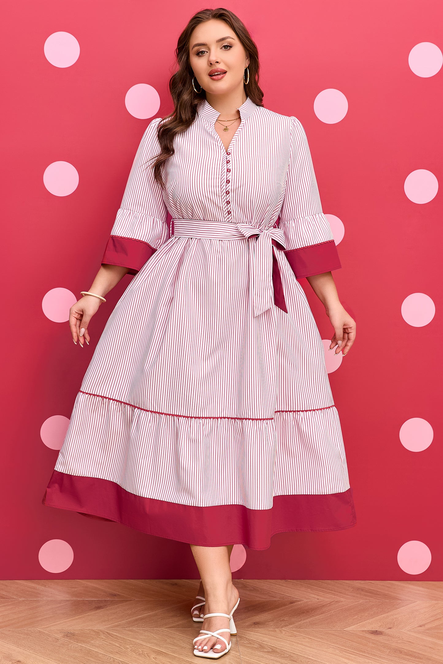 Red Stripe Plus-Size Ruffled Hem Pinstriped Midi Dress
