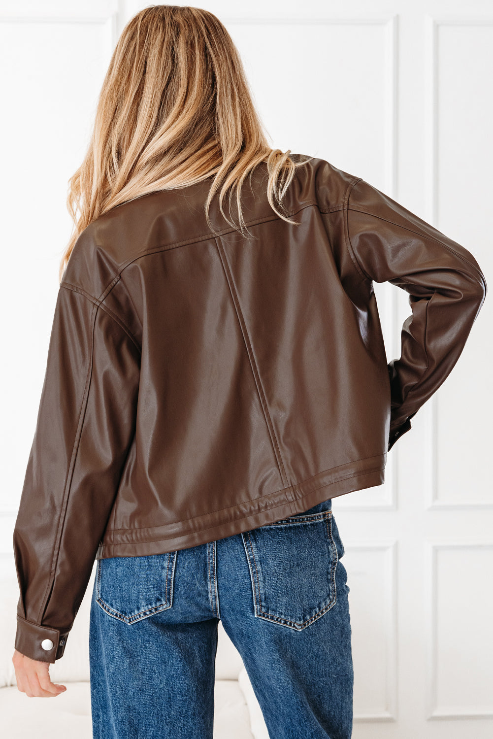 Double Flap Pocket Drawstring Hem Faux Leather Jacket