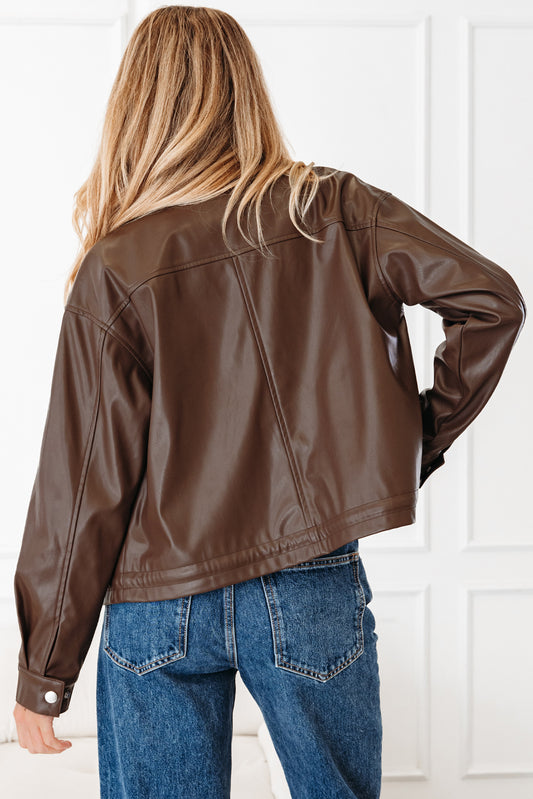 Double Flap Pocket Drawstring Hem Faux Leather Jacket