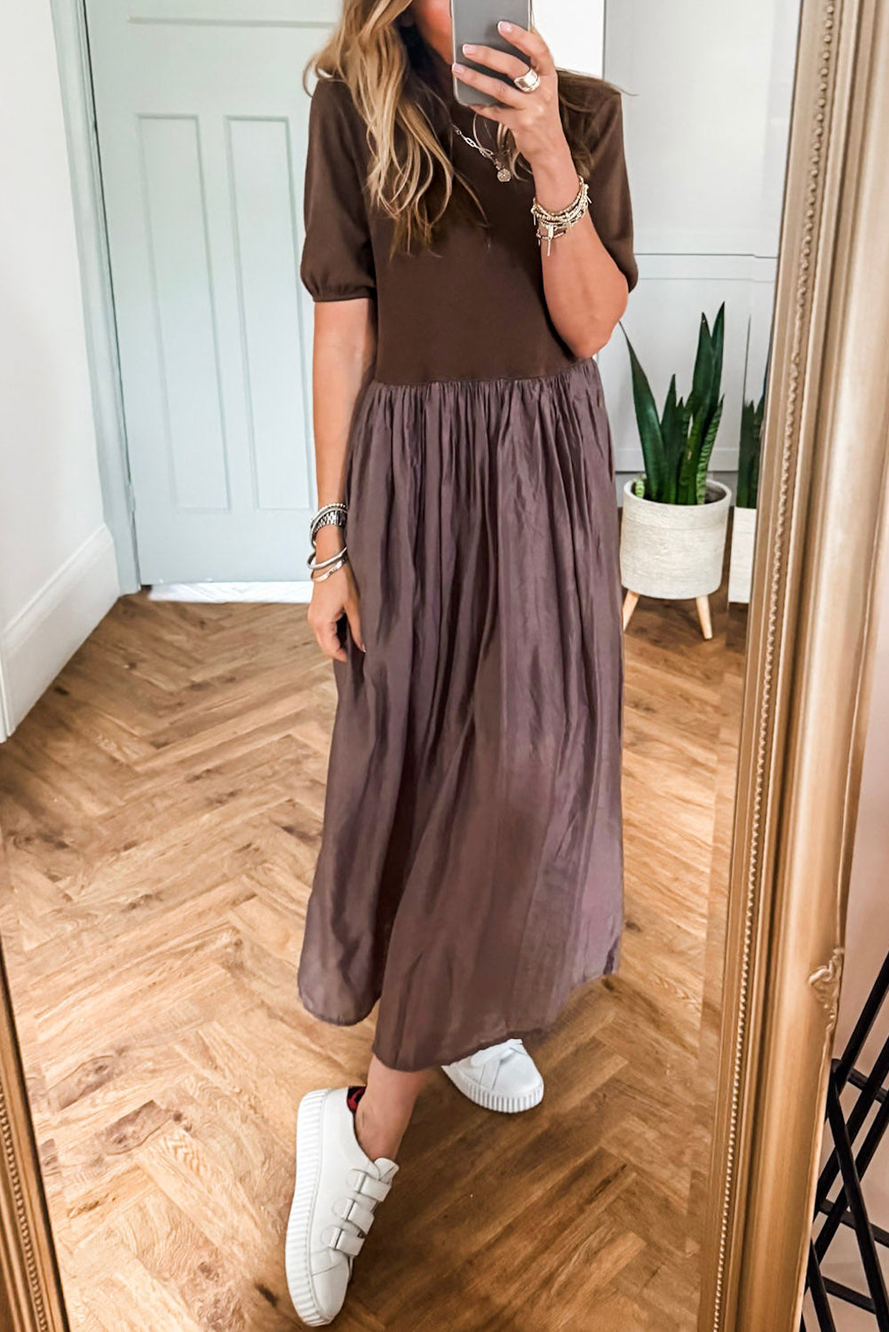 Short Sleeve Knit Top Patchwork Pleated Long Dress