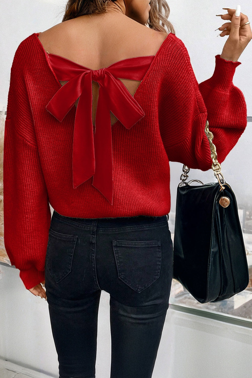 Lantern Sleeve V-Neck Knot Back Knitted Top