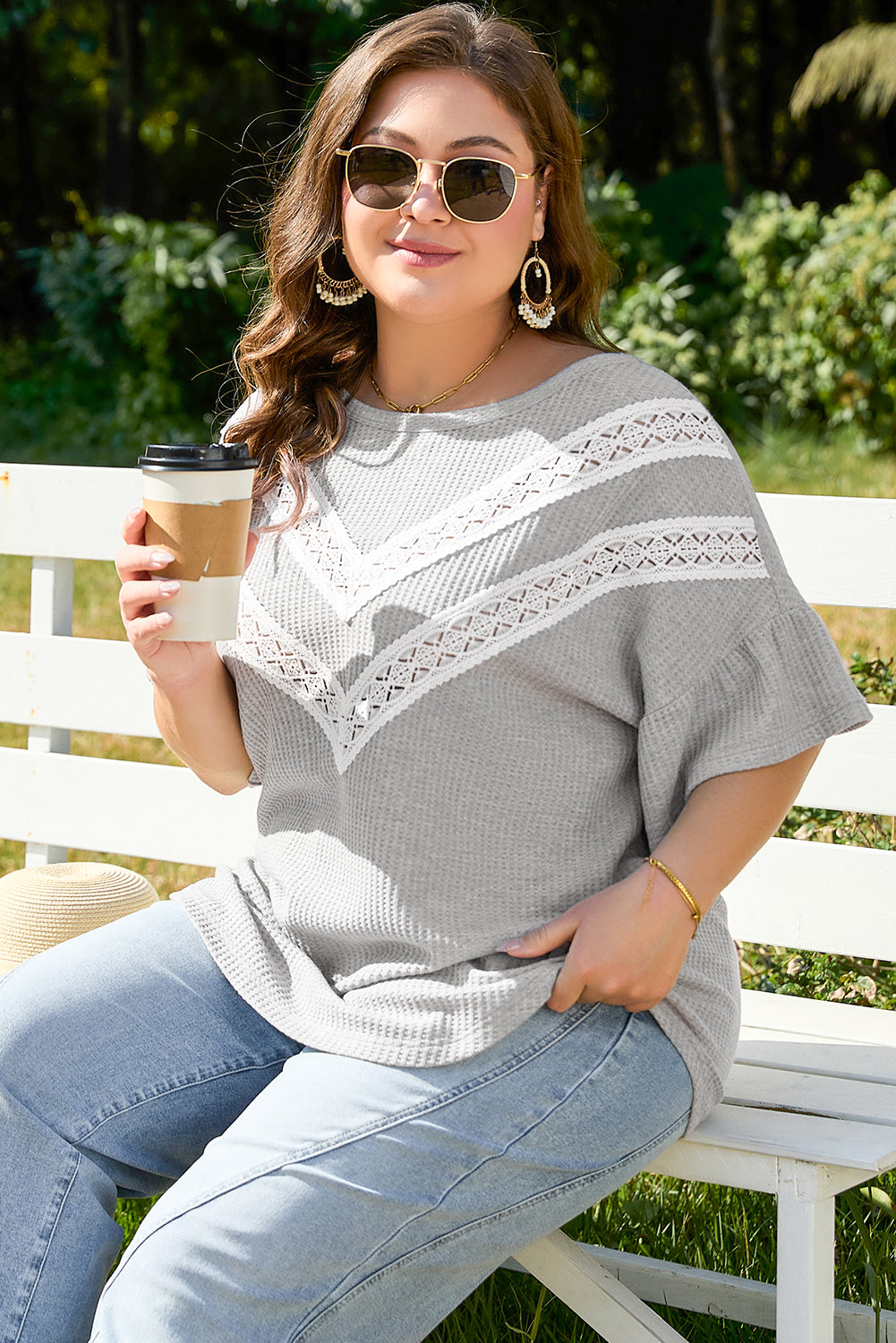 Light Grey Lace Insert Waffle Ruffle Short-Sleeve Plus-Size Top