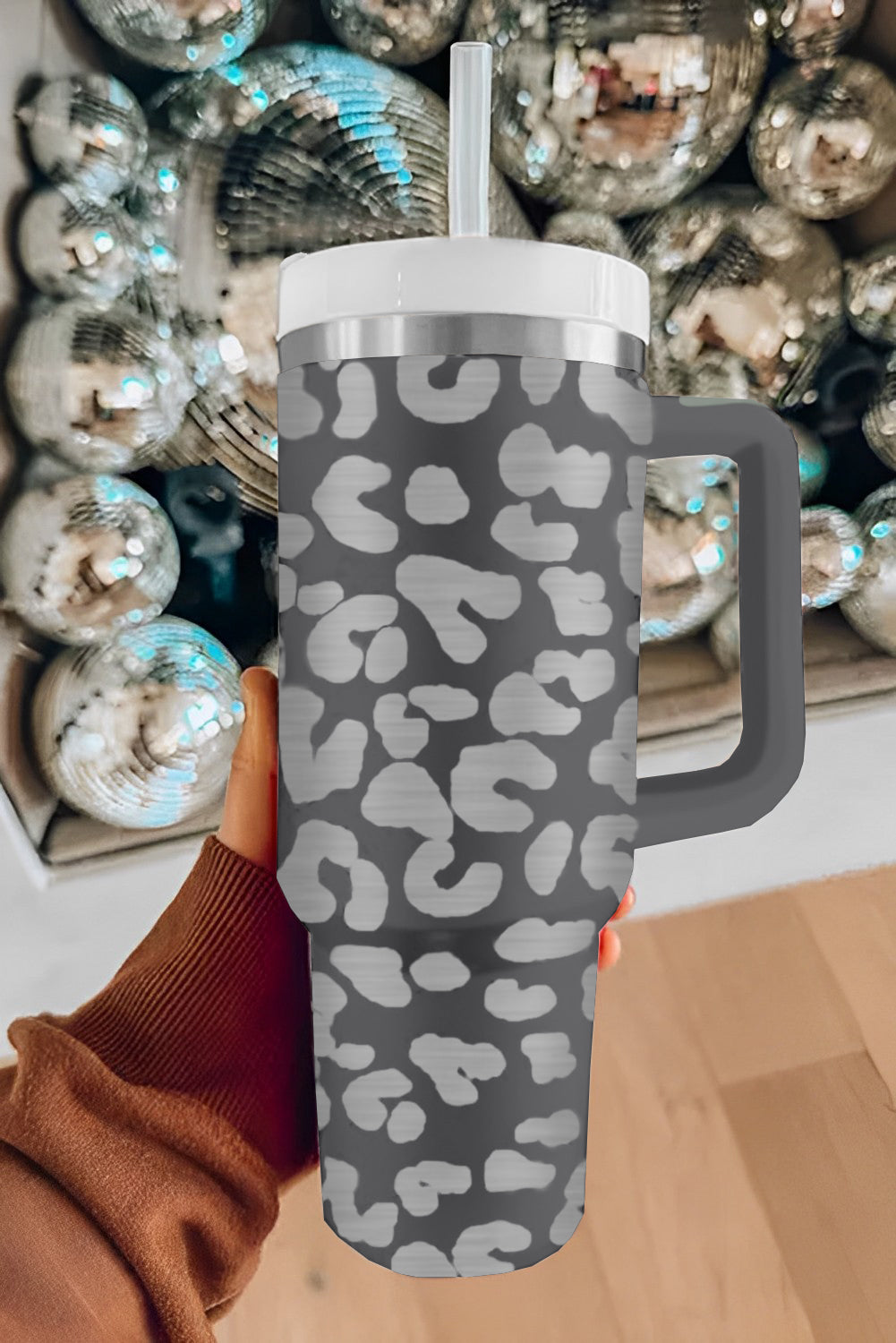 Gray Leopard Print 40OZ/1,2lt Stainless Steel Portable Cup with Handle