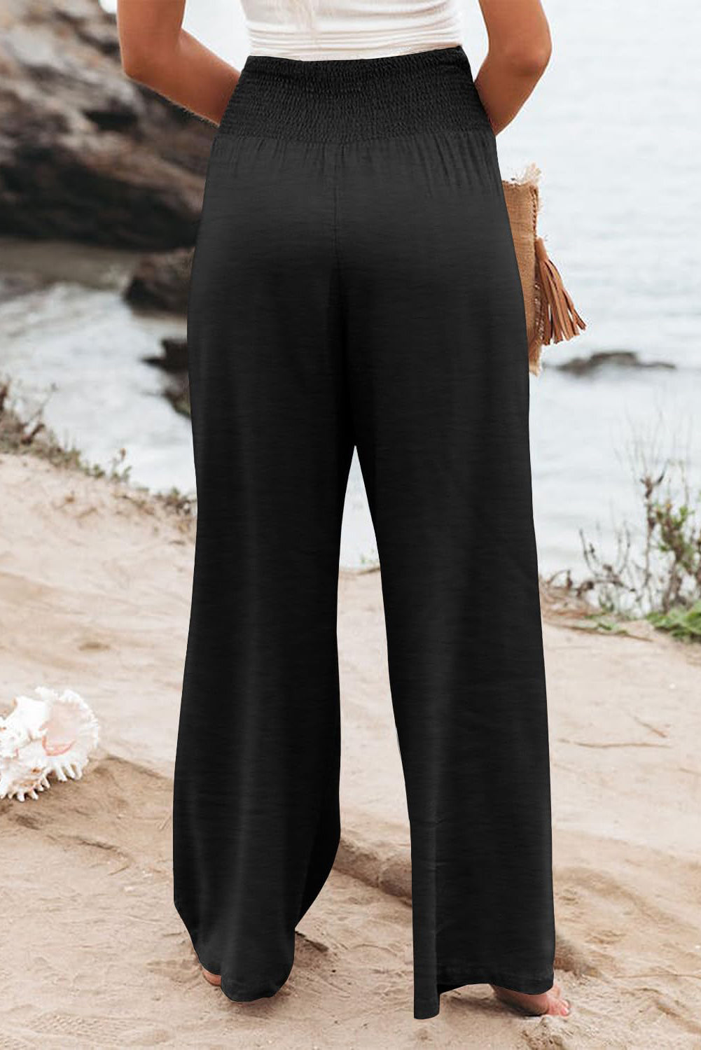 Black Shirred High-Waist Plus Size Wide-Leg Pants