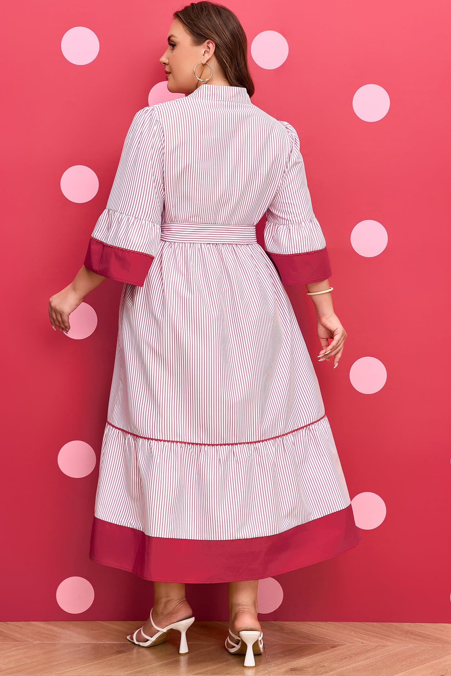 Red Stripe Plus-Size Ruffled Hem Pinstriped Midi Dress
