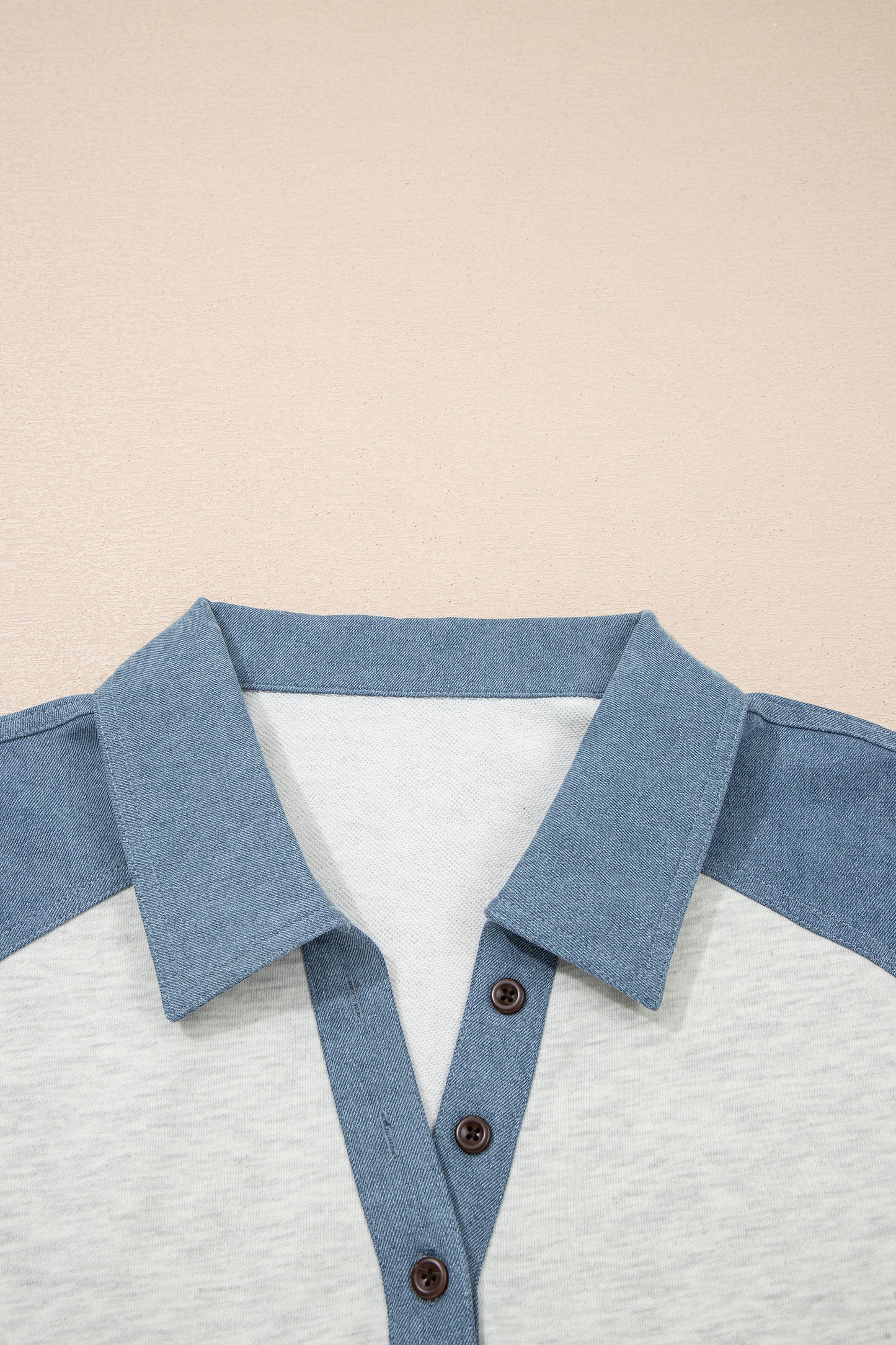 Beige Plus Size Contrast Denim Patchwork Cuffed Sleeve Polo Tee