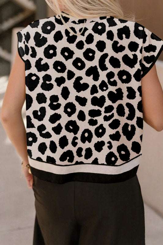 Leopard Print Plus-Size High Neck Short Sleeve Knit Top