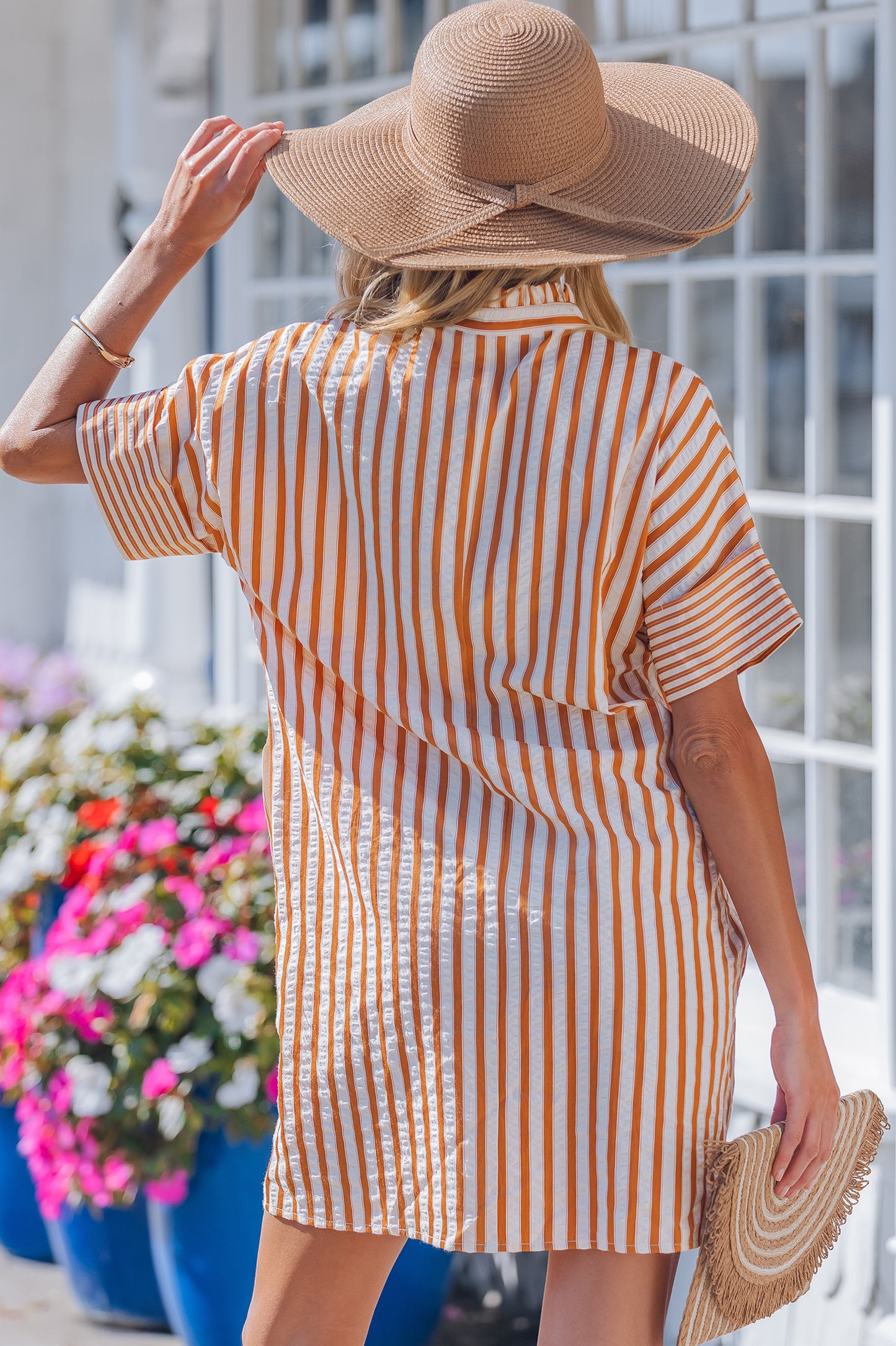 Striped Pinched V-Neck Shift Mini Dress