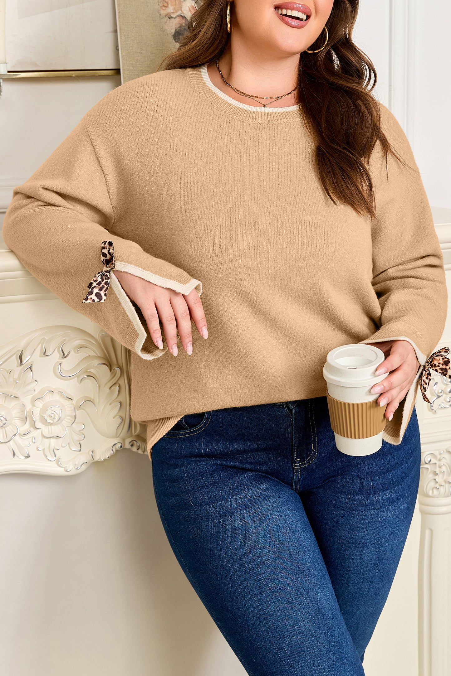 Tan Plus Size Leopard Bow Split Cuffs Loose Knitted Top