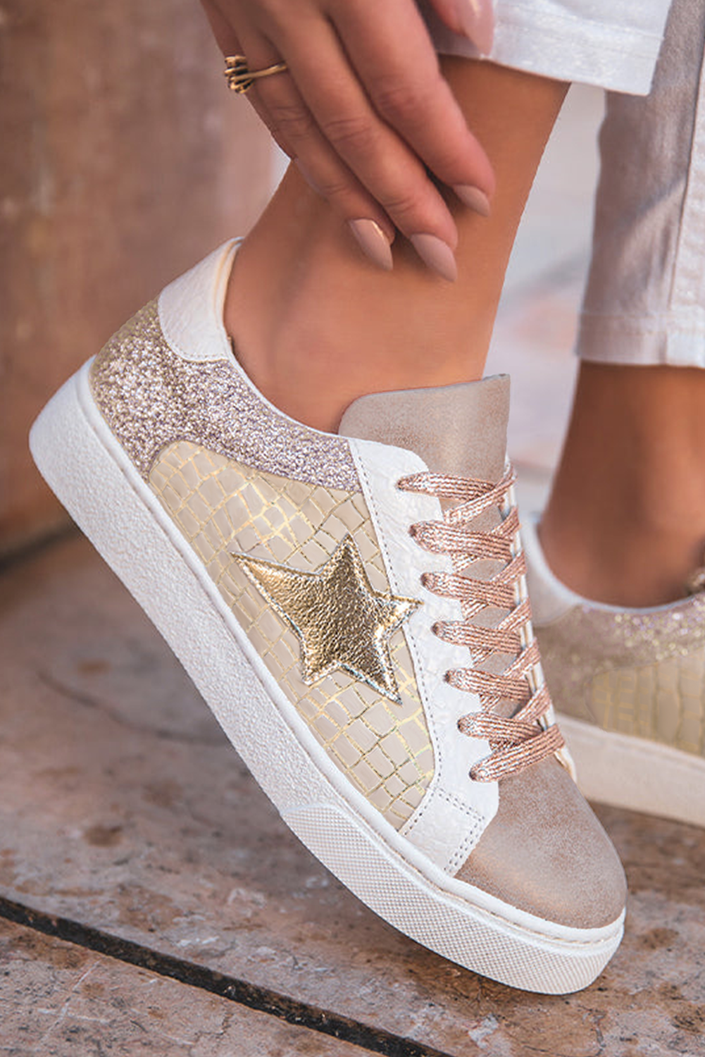 Glitter Star Patchwork Faux Leather Lace-up Sneakers