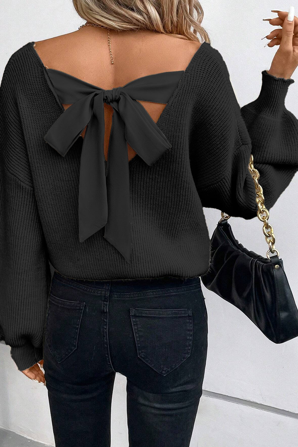 Lantern Sleeve V-Neck Knot Back Knitted Top