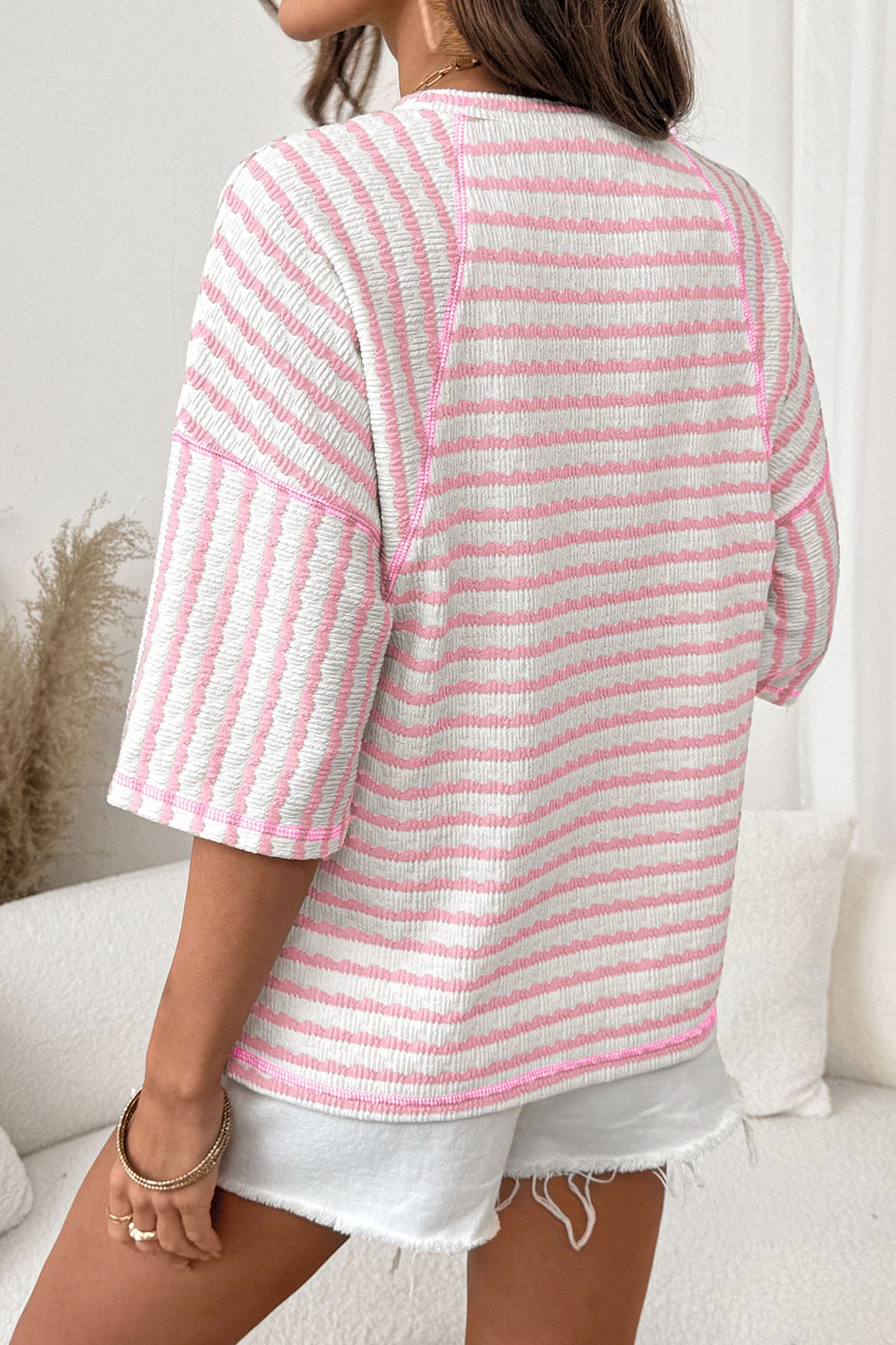 Textured Knit Split-Hem Half Sleeve Loose Top