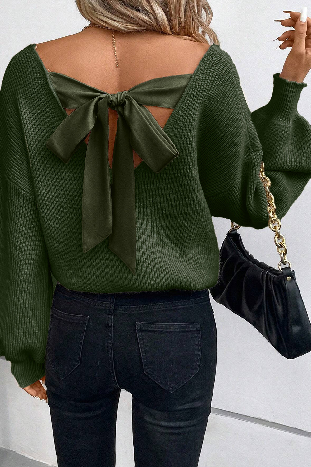 Lantern Sleeve V-Neck Knot Back Knitted Top