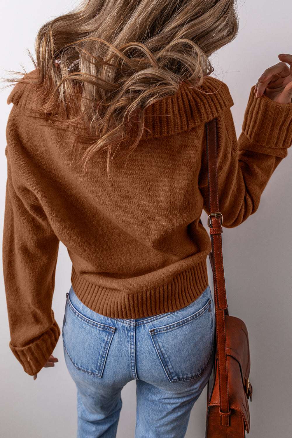 Collared V-Neck Ribbed Edge Sexy Elegant Sweater