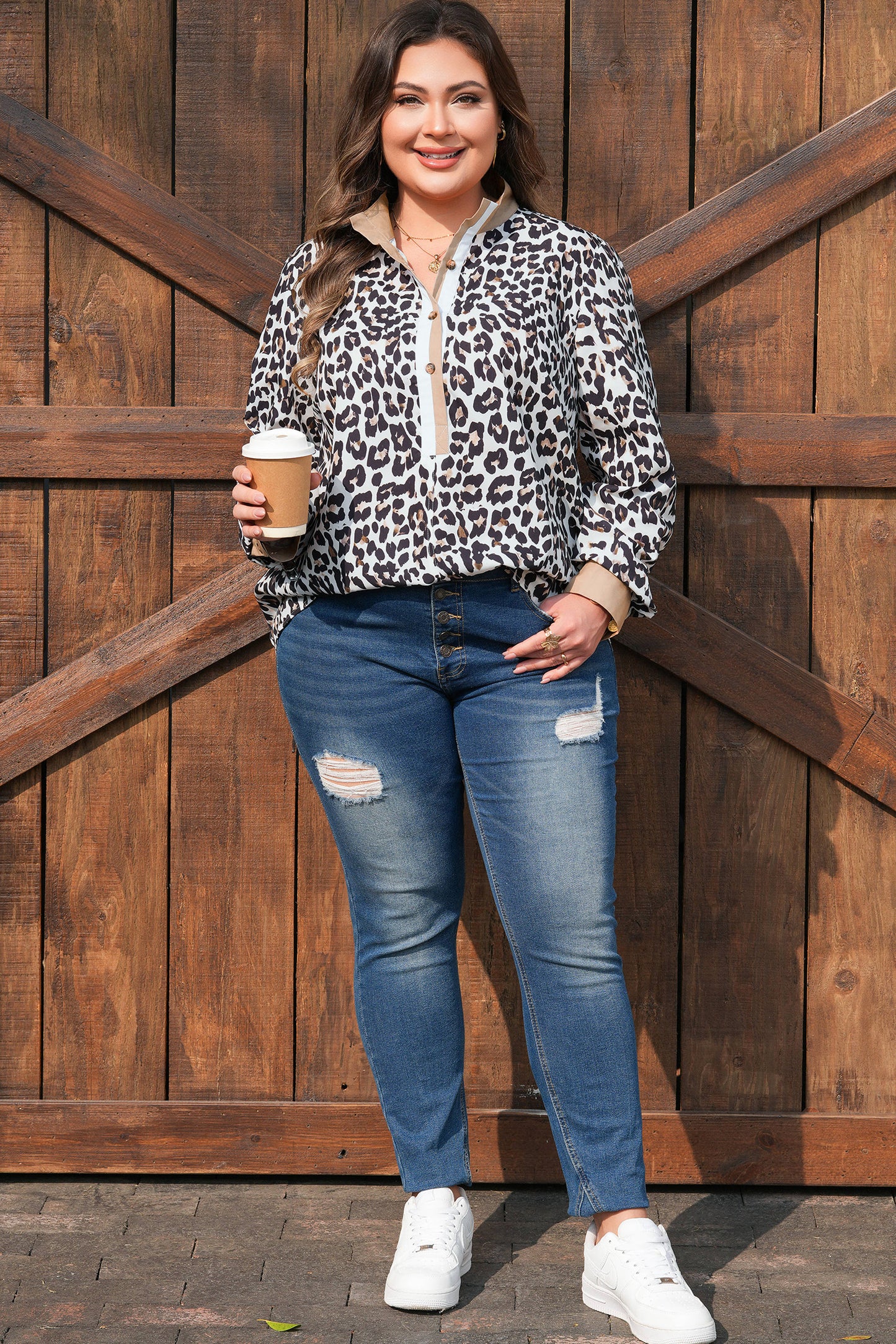 Multicolour Leopard Print Contrast Trim Button Split Neck Plus-Size Long Sleeve Top