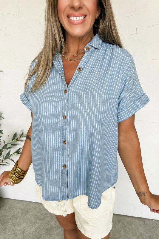 Sky Blue Striped Cuffed Short Sleeve Button-up Loose Shirt