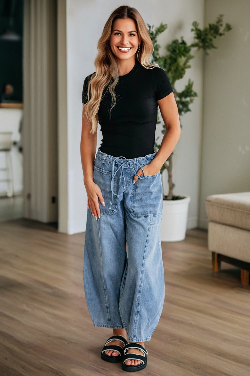 Large Patch Pocket Drawstring Paperbag Waist Barrel Jeans