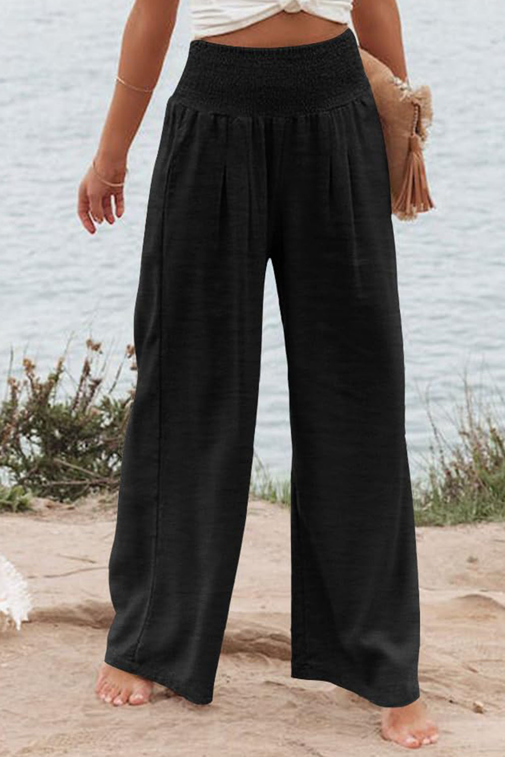 Black Shirred High-Waist Plus Size Wide-Leg Pants