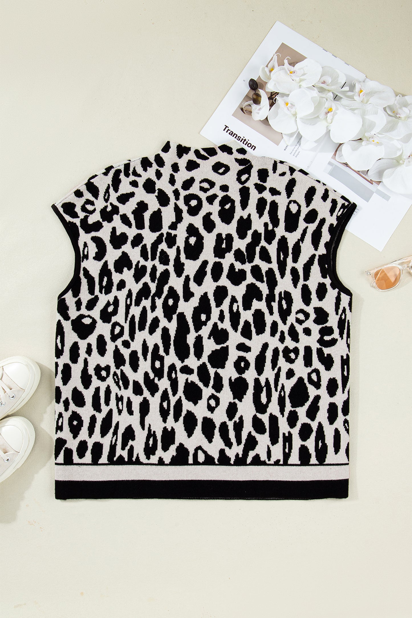Leopard Print Plus-Size High Neck Short Sleeve Knit Top