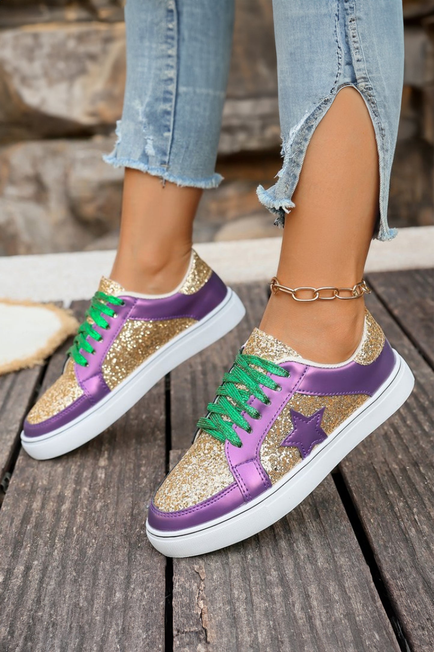 Glitter Star Patchwork Faux Leather Lace-up Sneakers