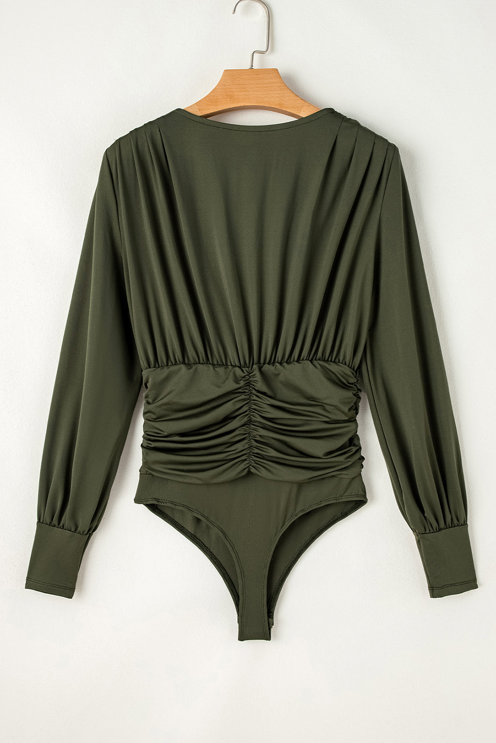 Moss Green Ruched Wrap V-Neck Long Sleeve Bodysuit