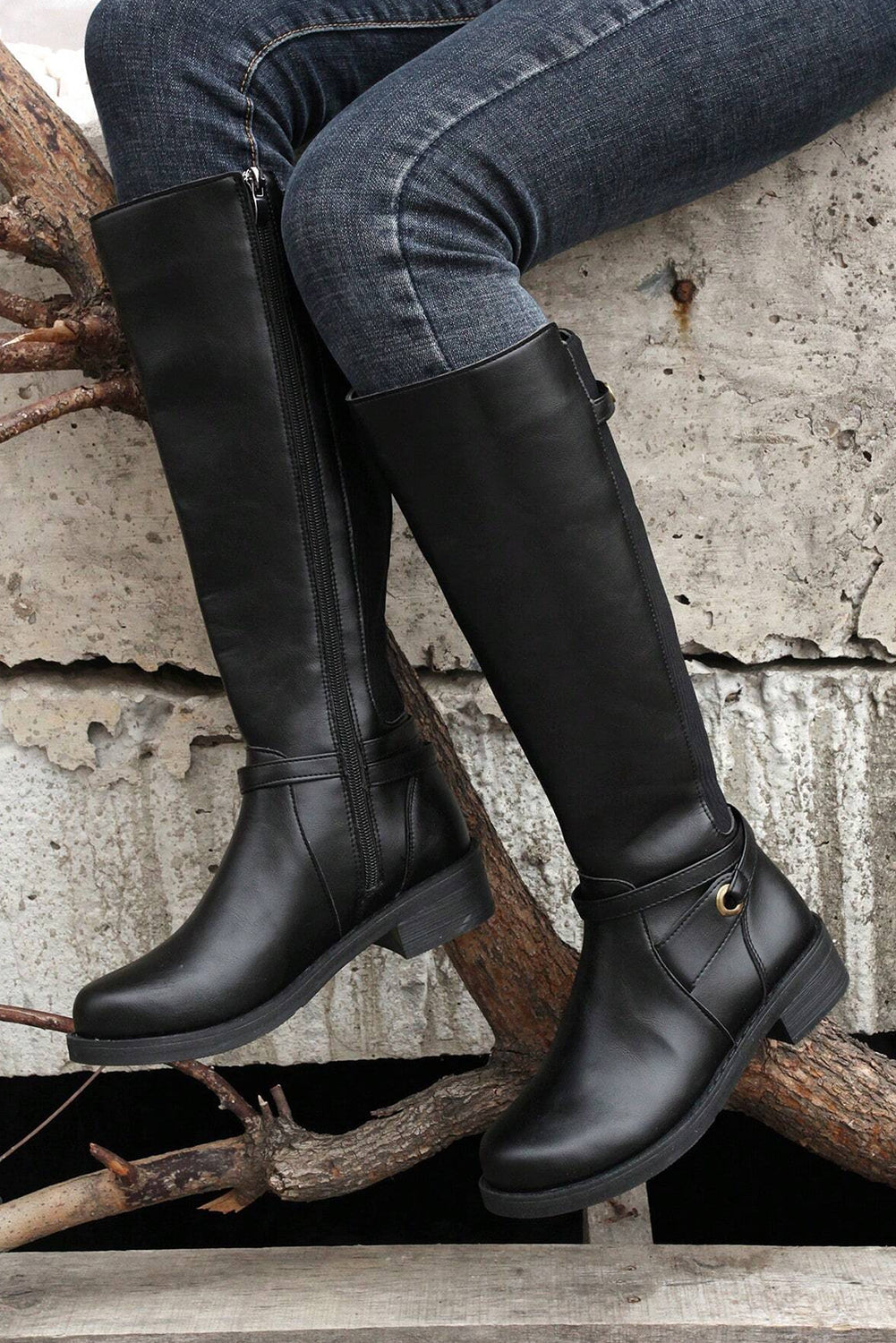 Black Side-Zipper Knee High Chunky Low Heel Boots