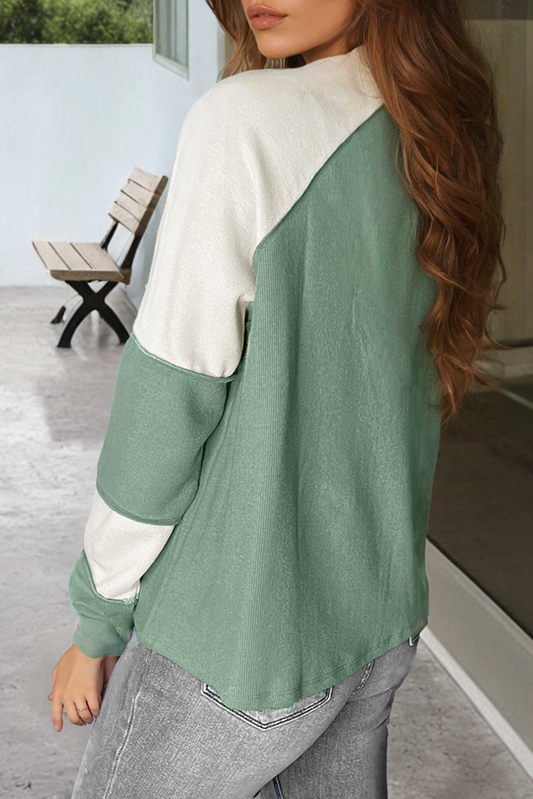 Mint Green Ribbed Colorblock Patchwork Long Sleeve Top