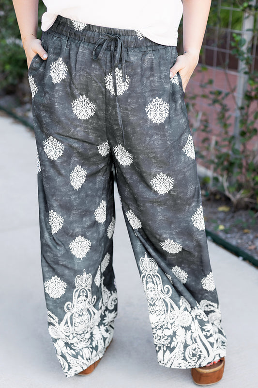 Black Plus-Size Geometric Ethnic Print Drawstring Wide Leg Pants