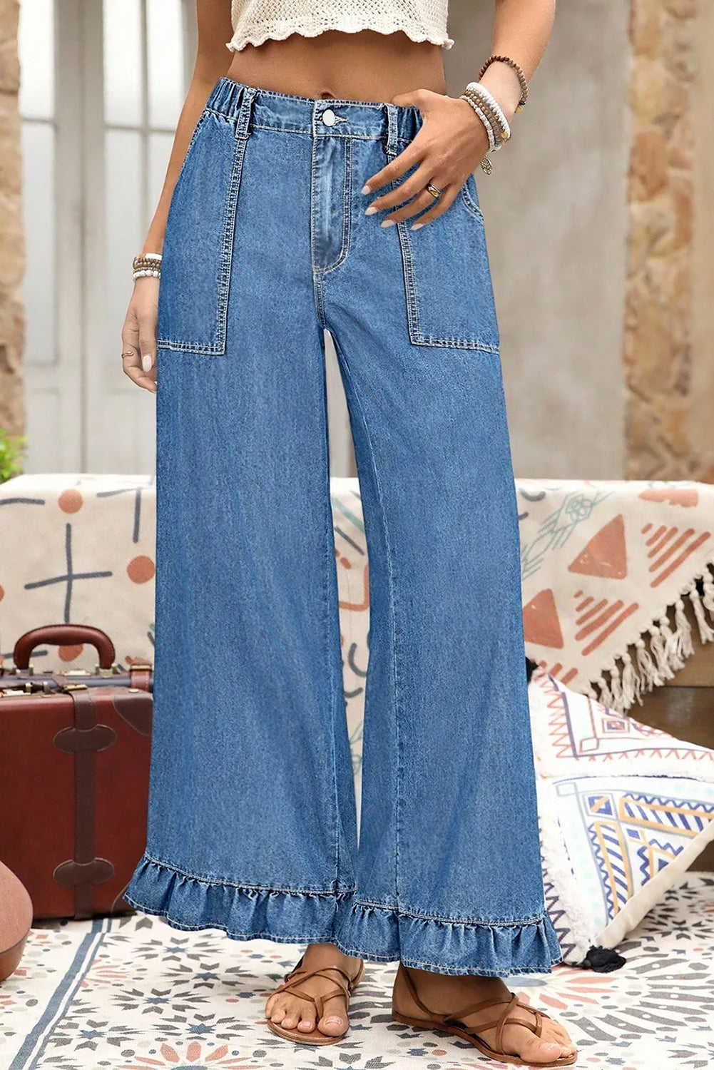Plus Size Elastic Waist Ruffled Wide Leg Denim Pants